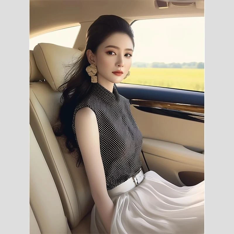 适用于黑色波点修身无袖衬衫女小众不撞款独特超好看上衣2024新爆