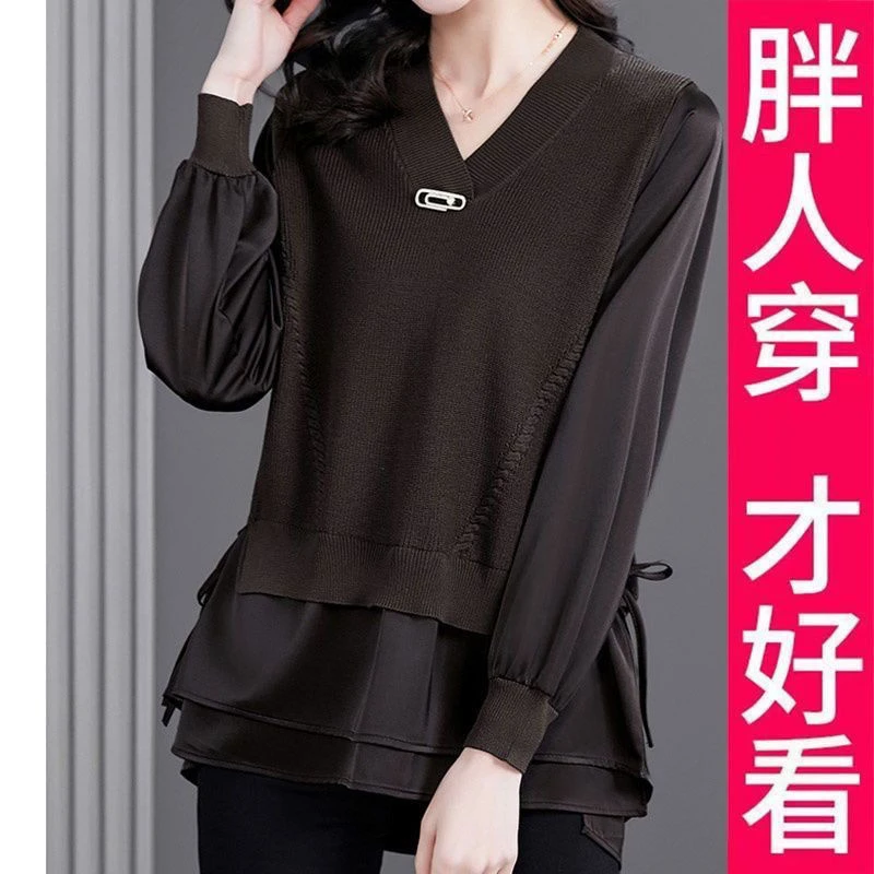 《专柜大码》秋冬高档假两件纯色针织衫小众V领外搭气质长袖上衣女