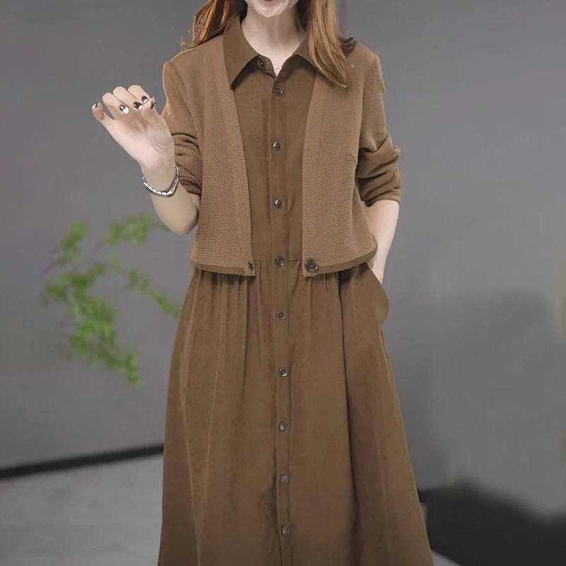 假两件连衣裙女遮肚子2025秋季新款修身宽松显瘦拼接大码套装裙子