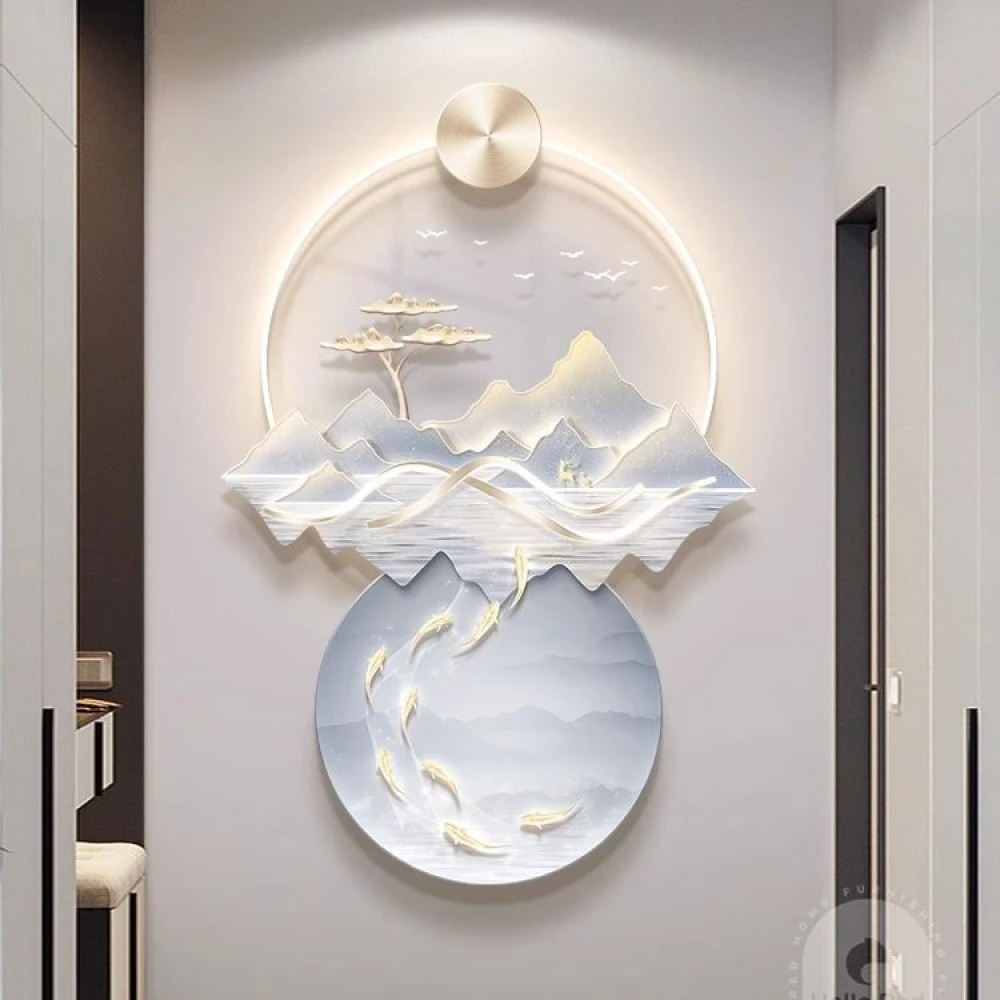 现代轻奢玄关装饰画山水入户门正对墙挂画走廊过道寓意好的壁画灯