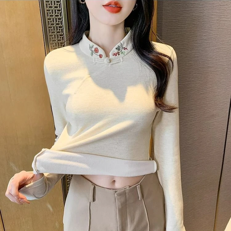 国风刺绣立领长袖t恤秋装女2025年秋季新款女显瘦气质新中式上衣