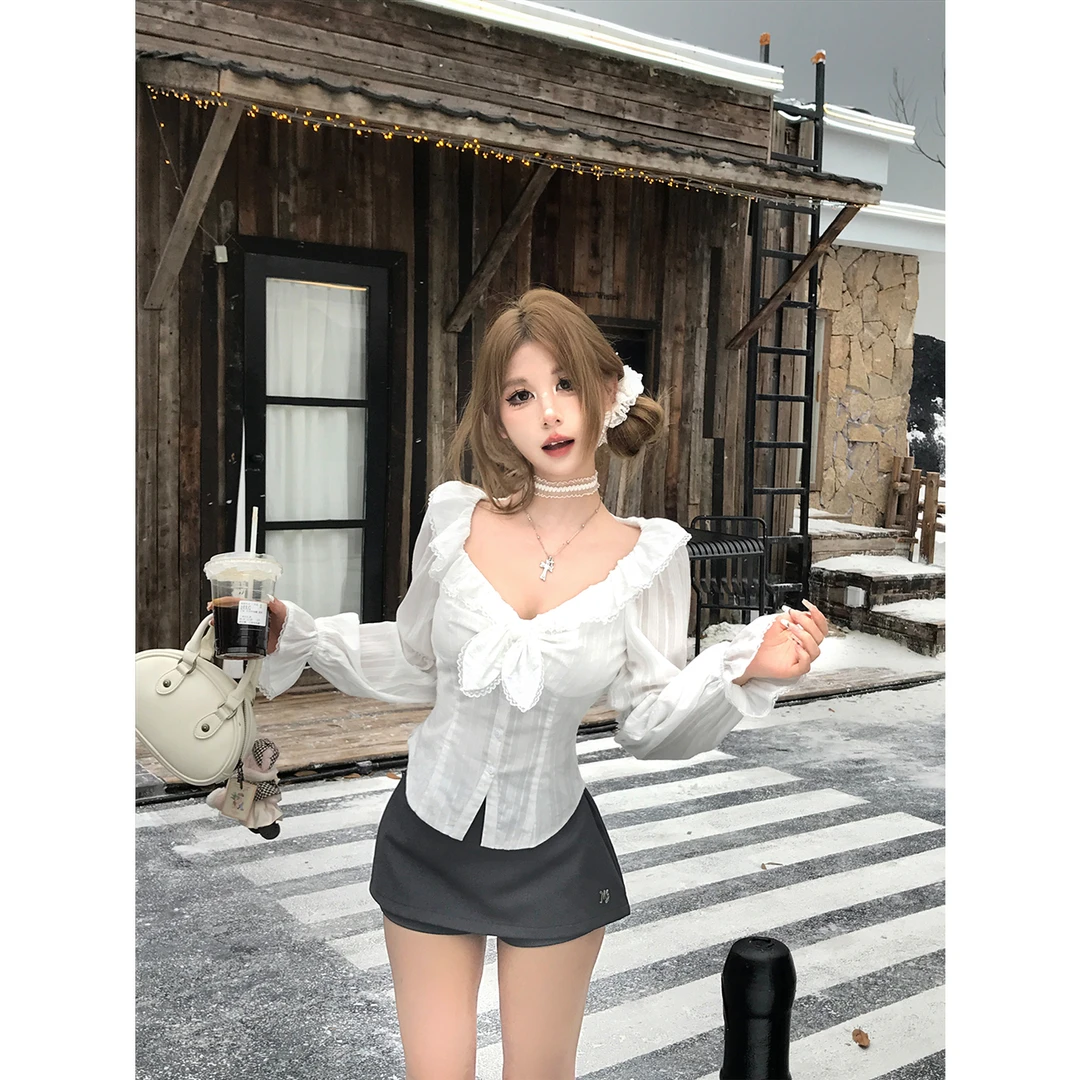 【茶艺香氛 】V领小飞袖扭结衬衫女秋季蕾丝木耳边优雅上衣秋季半裙