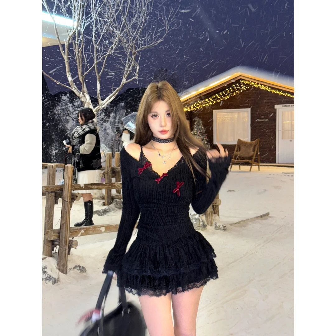 Mejiu蜜九【纤星夜语】甜辣纯欲蝴蝶结打底内搭性格蕾丝设计感收腰