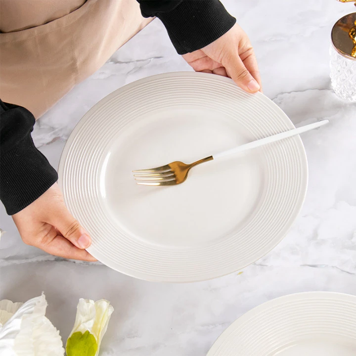 10.5英寸牛排盘创意线纹黑色餐具陶瓷西餐蛋糕纯平盘酒店西餐盘