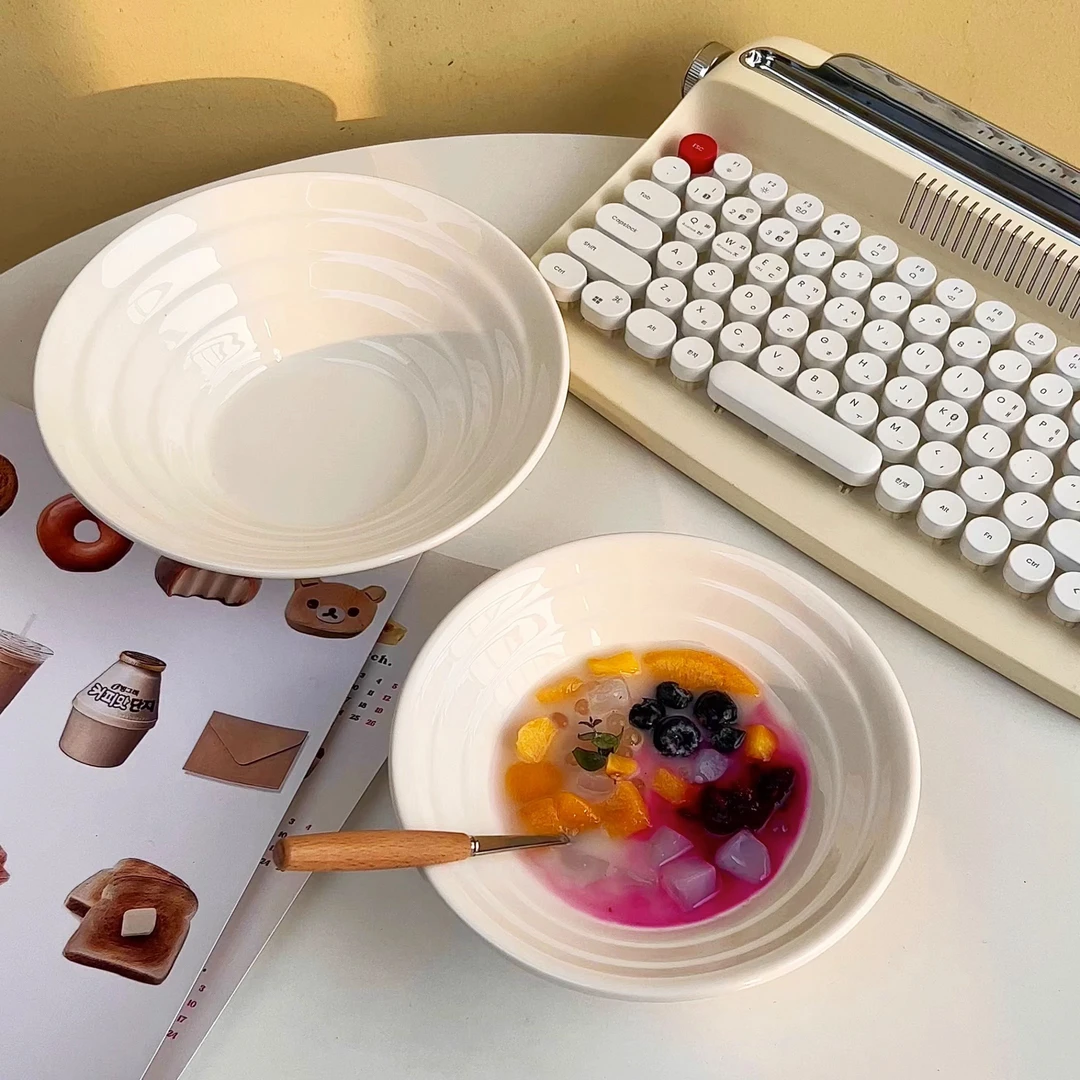 家用ins横纹早餐喇叭碗汤面碗简约陶瓷高颜值创意沙拉碗日式饭碗