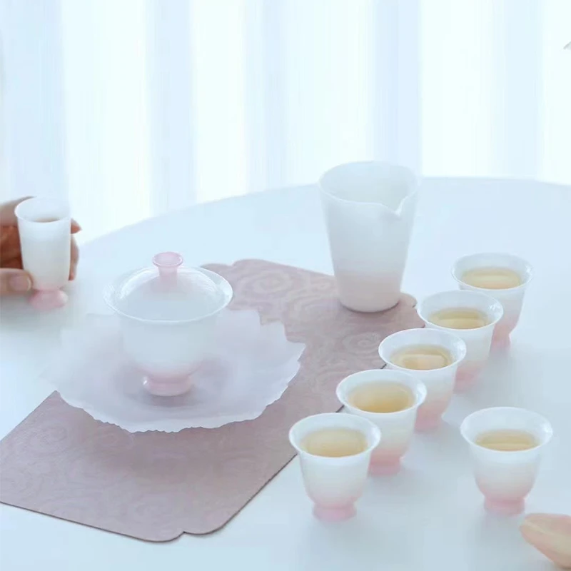 冰种玉瓷茶具套装茶杯白瓷家用陶瓷主人杯手工茶盖碗轻奢中式粉色