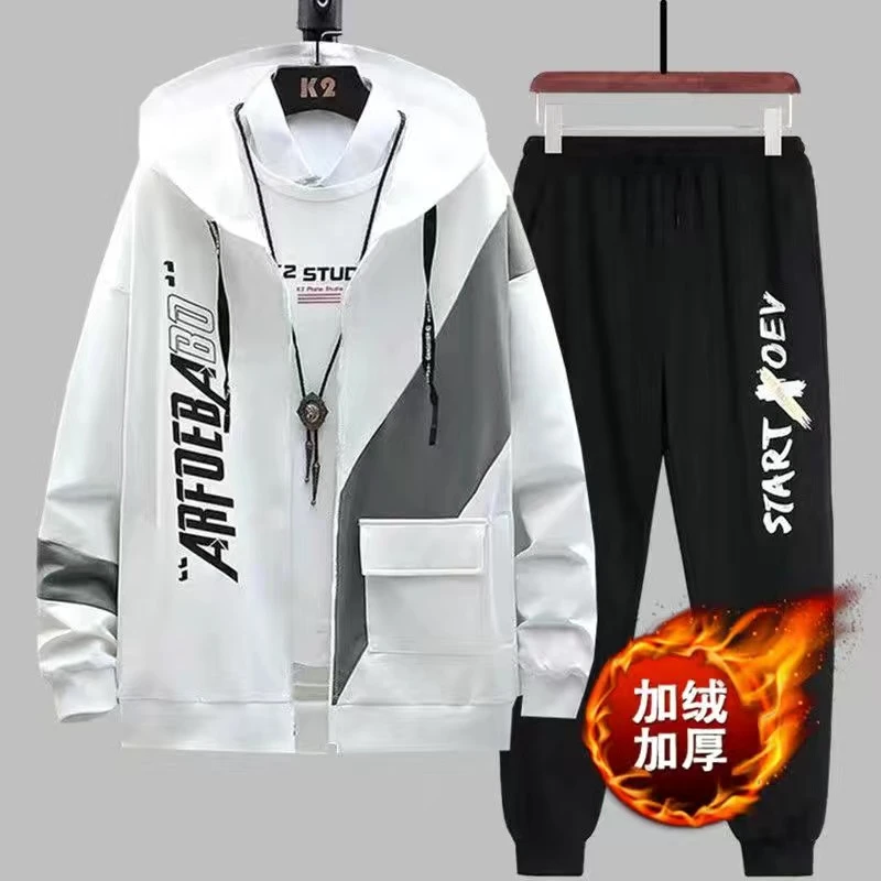 秋冬季加绒加厚休闲运动卫衣套装一整套男青少年时尚百搭帅外套ED