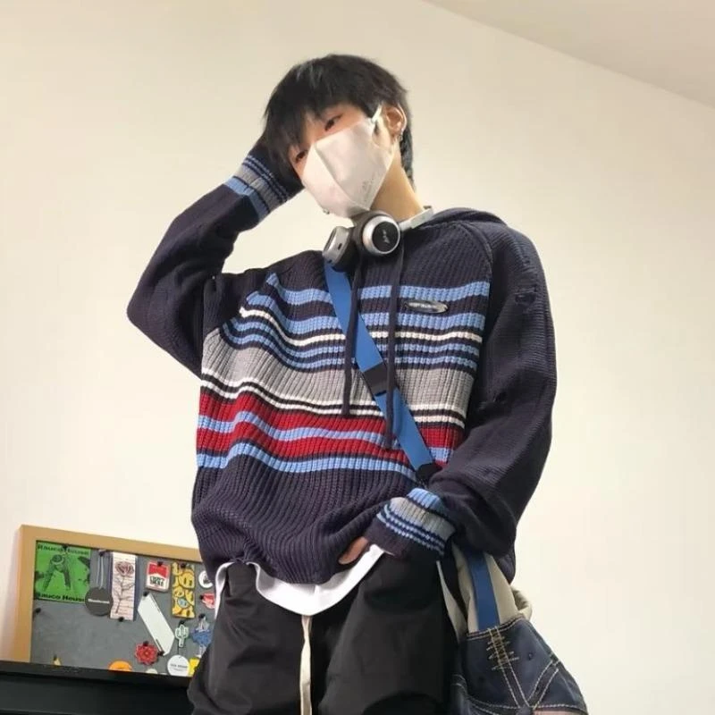 【小扬直播推荐】美式复古条纹连帽毛衣男女百搭街头潮流休闲情侣ED