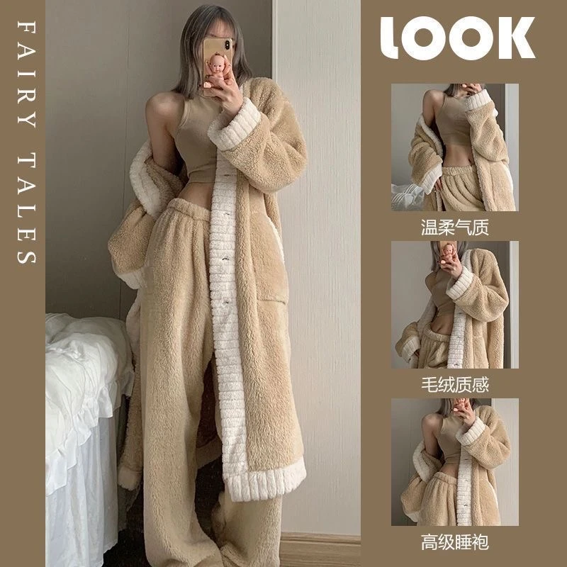 【睡袍+长裤】珊瑚绒睡衣女秋冬季加绒加厚保暖中长款冬外出居家服
