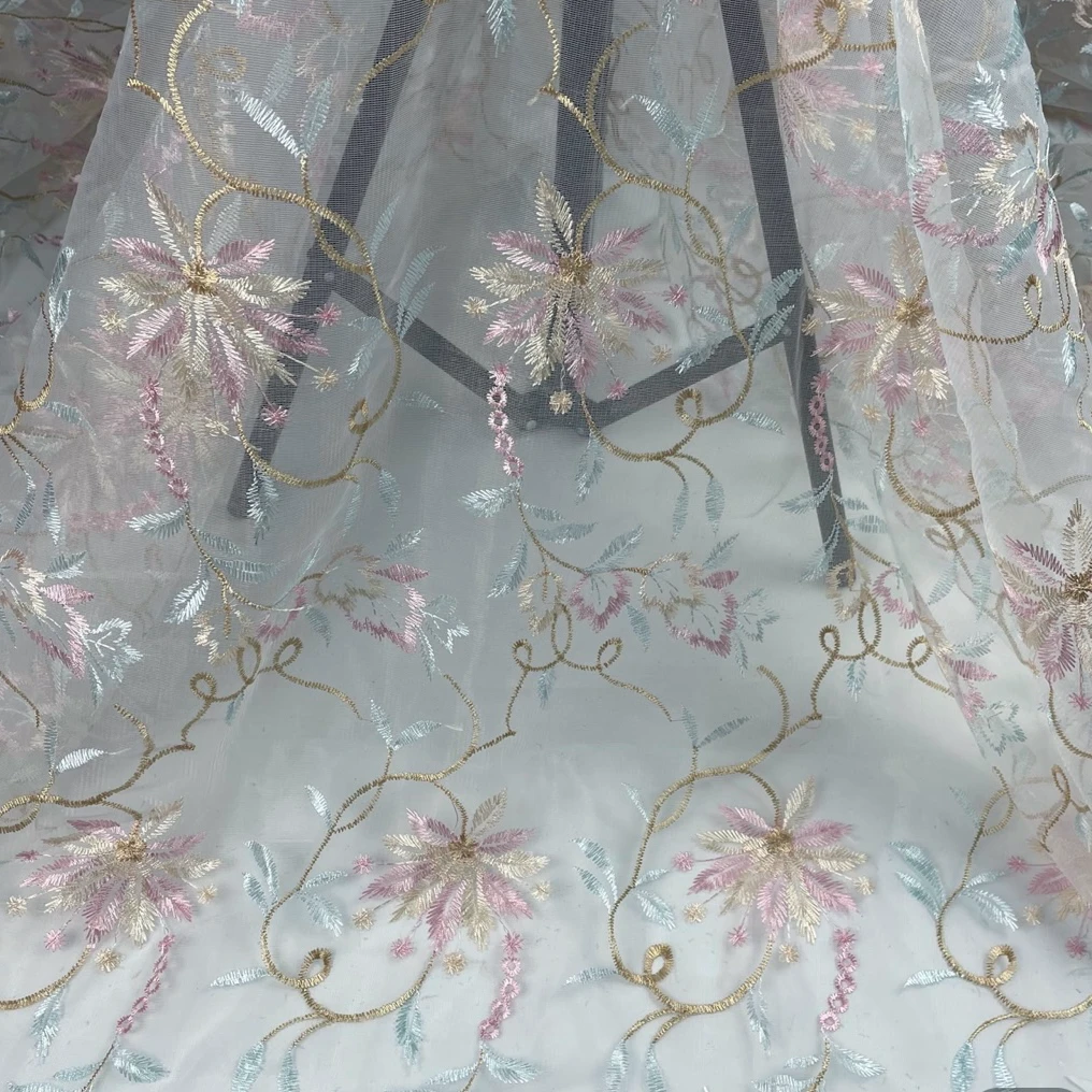 3米 时尚网纱刺绣白底纱网纱刺绣连衣裙半成品布料