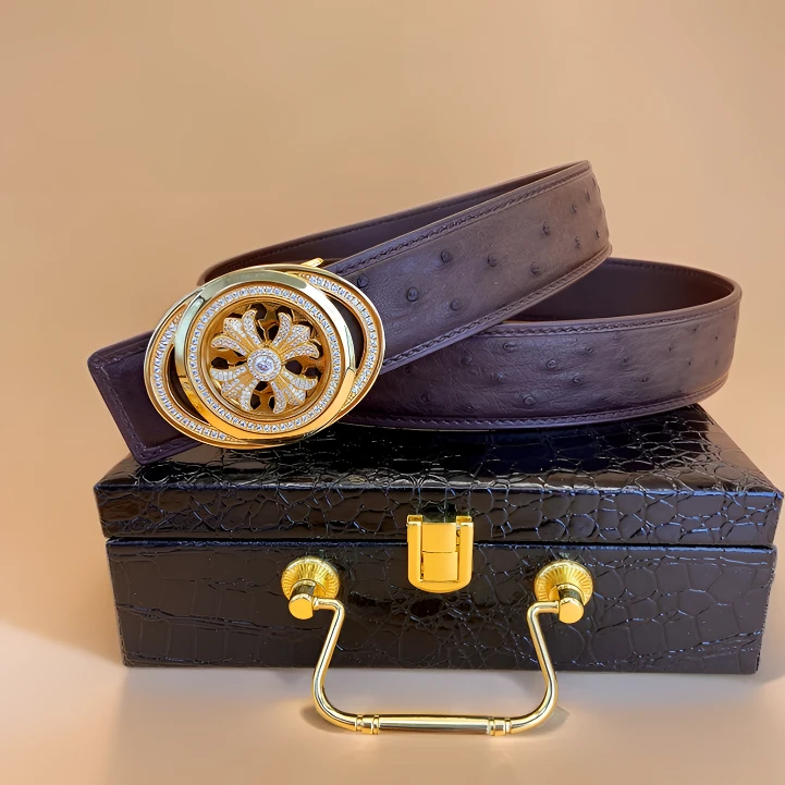 【时来运转鸵鸟皮腰带】鸵鸟皮腰带不锈钢男士皮带时尚百搭真皮裤带