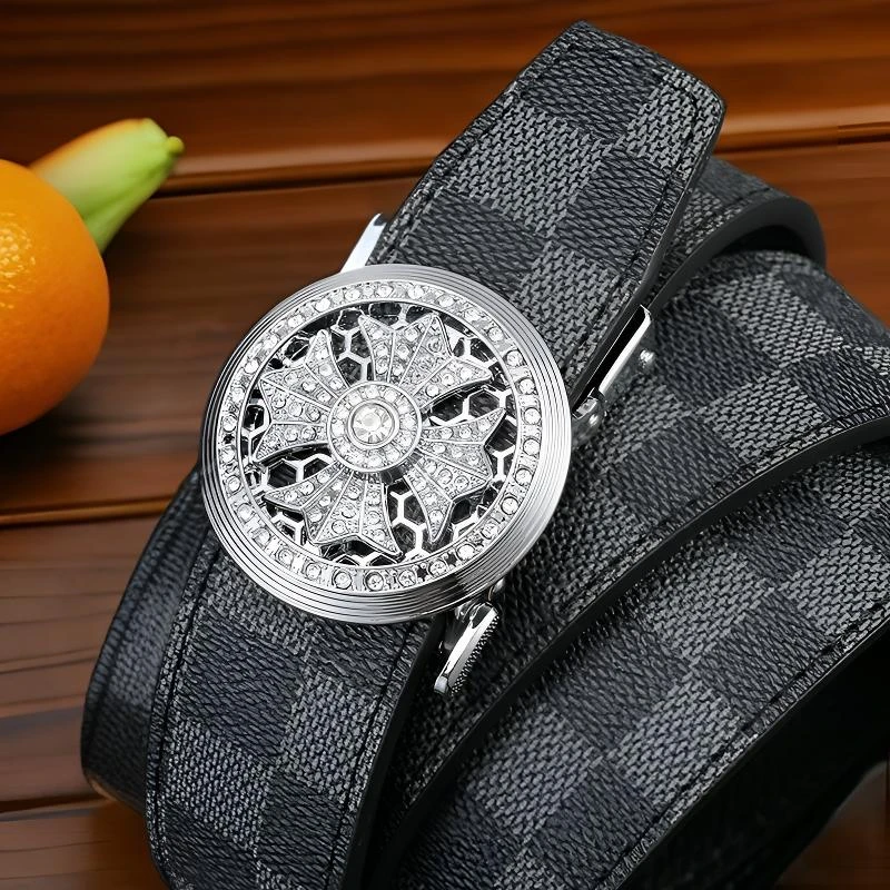 男士格纹压花时来运转自动扣真皮腰带头层牛皮休闲时尚内穿裤带男