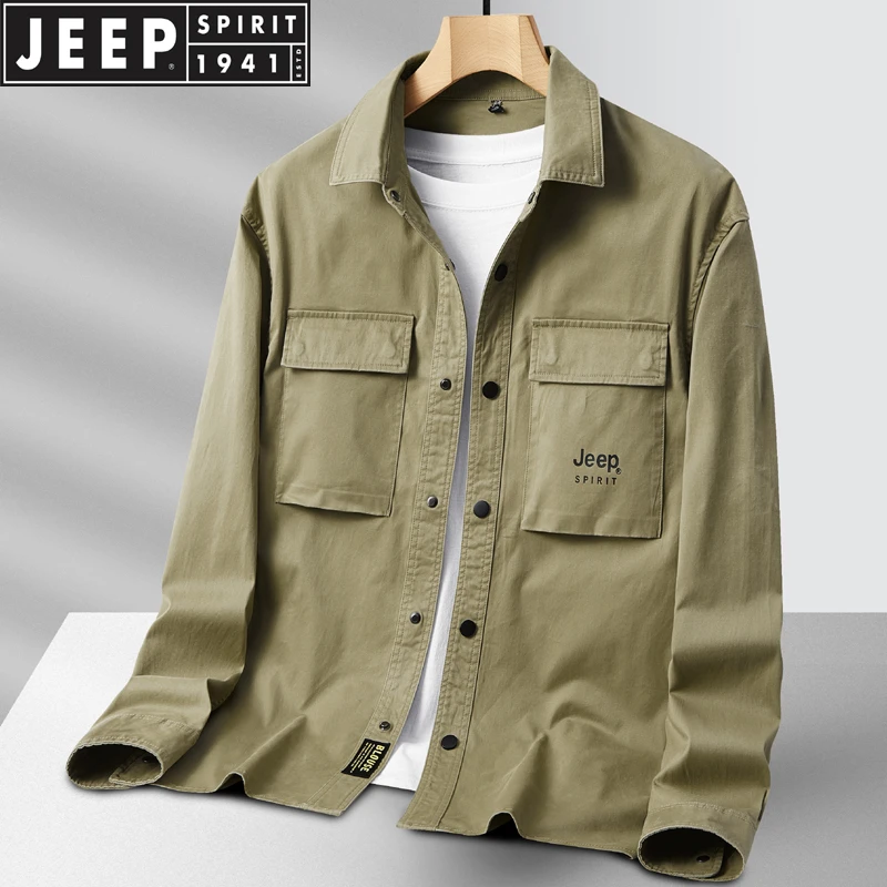 JEEPSPIRIT吉普休闲长袖衬衫男士春秋季工装衬衣宽松纯色棉质外套
