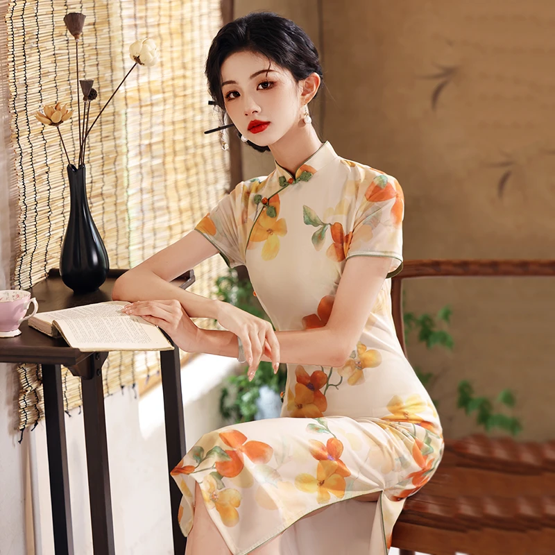 可可西里丨年轻款气质优雅送考长旗袍2025年春夏新中式短袖日常女