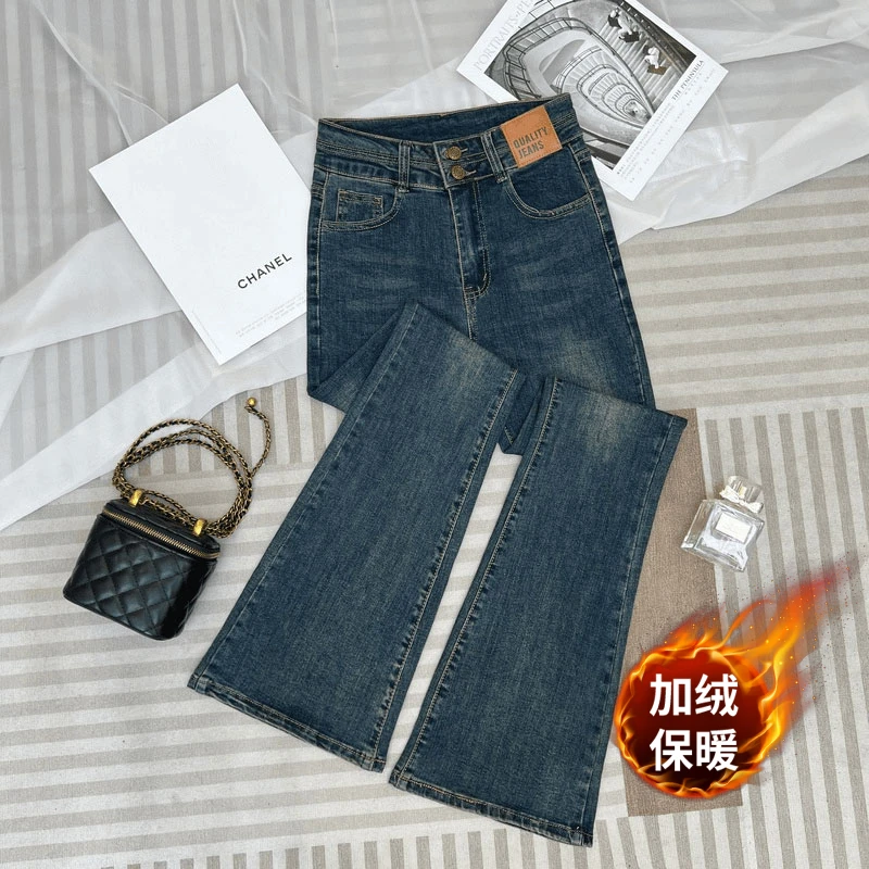 复古蓝双排扣微喇牛仔裤女2025年冬季新款高腰修身显瘦裤加绒加厚
