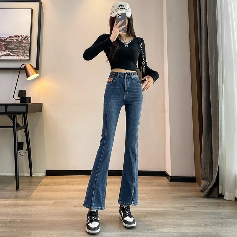 微喇牛仔裤女2024春新款高腰显瘦小个子显高穿搭九分高腰微开叉
