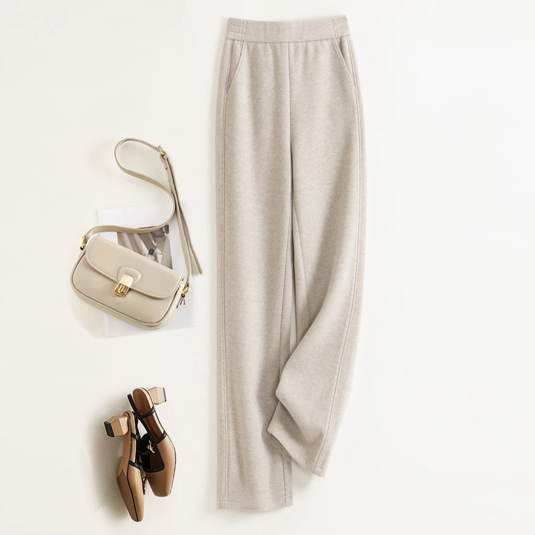 【人字纹盘花】数兰朵高腰毛呢直筒裤600G加厚窄版柔软肤感休闲裤