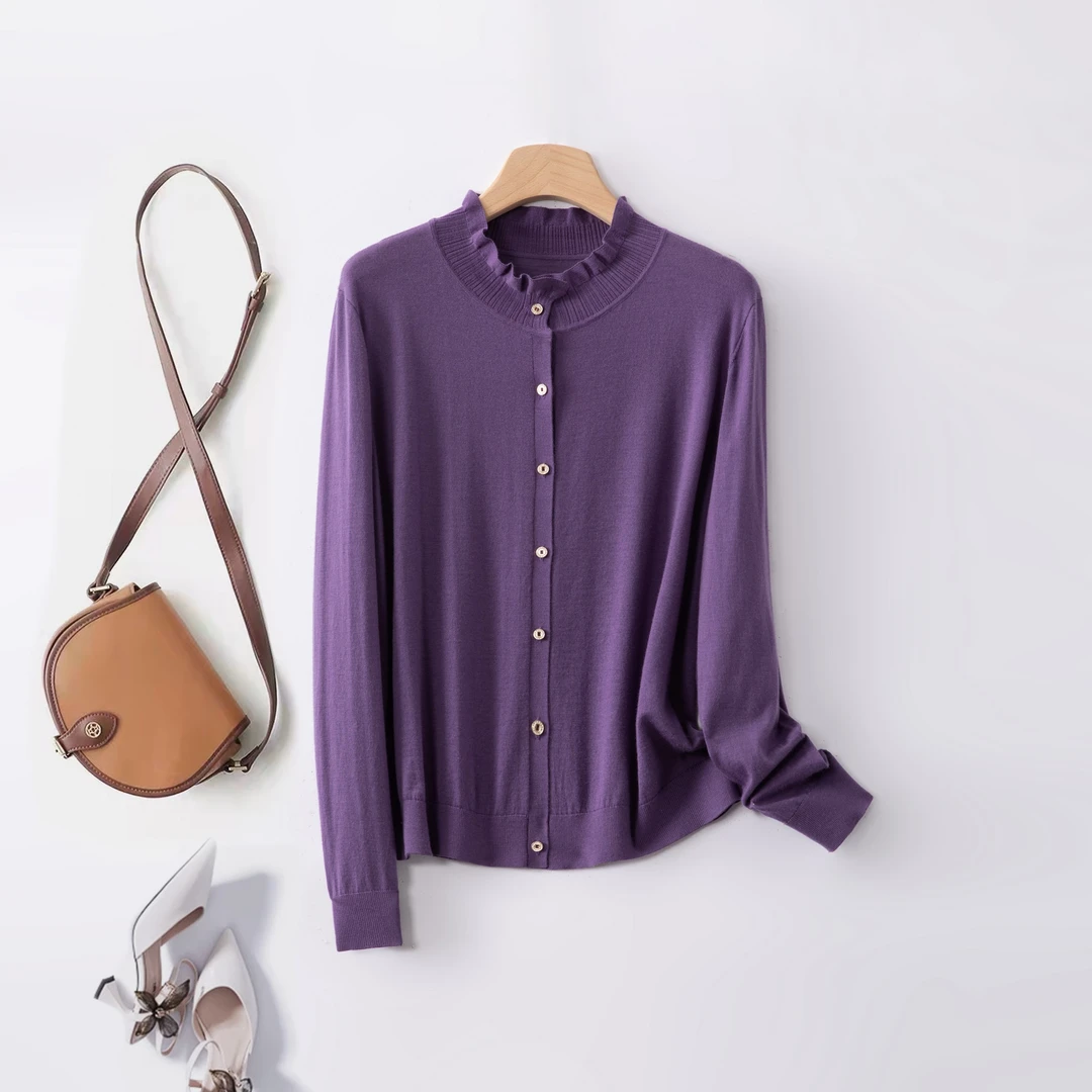 【精纺可机洗】数兰朵设计感花瓣领长袖 女士薄款温柔木耳边开衫