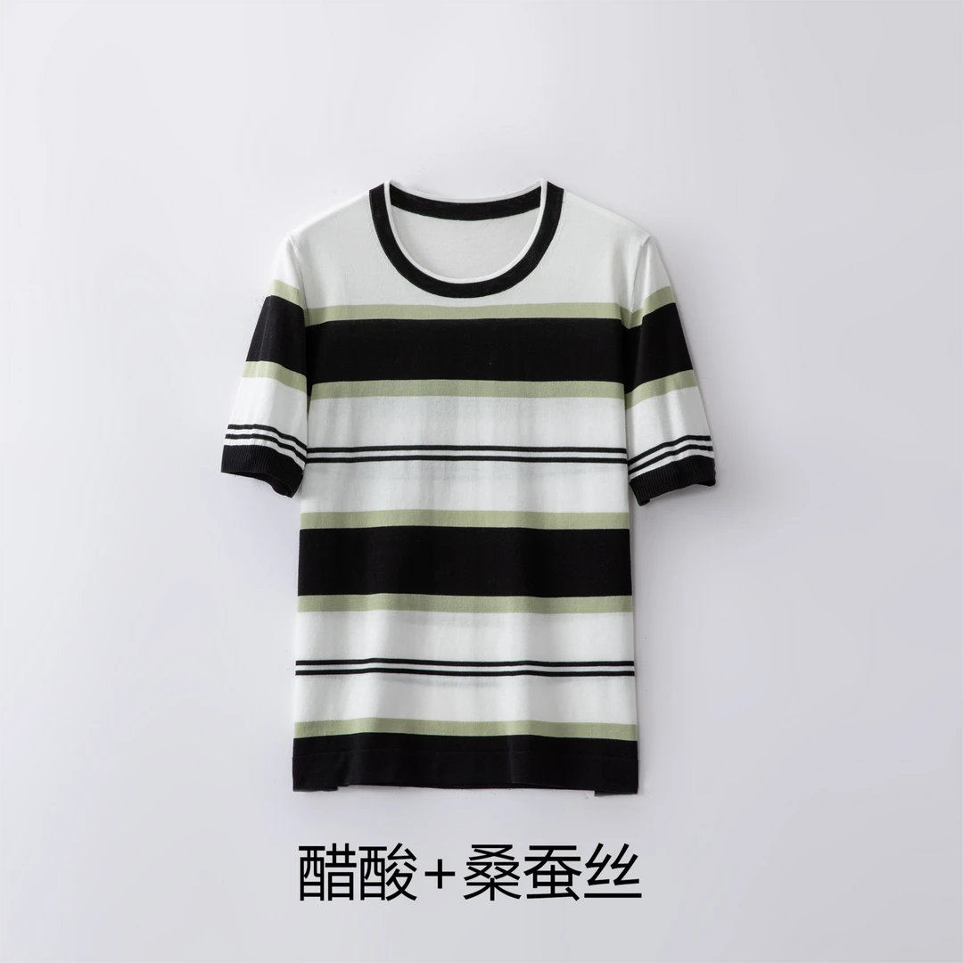 【醋酸+桑蚕丝】数兰朵夏季透气清凉撞色半袖 圆领百搭套头女士T