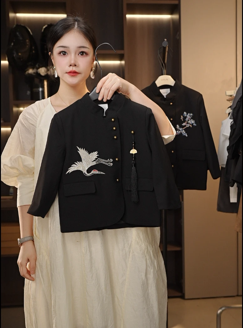 【默默】2025古风春秋长袖中式刺绣上衣男童仙鹤中国风外套10752
