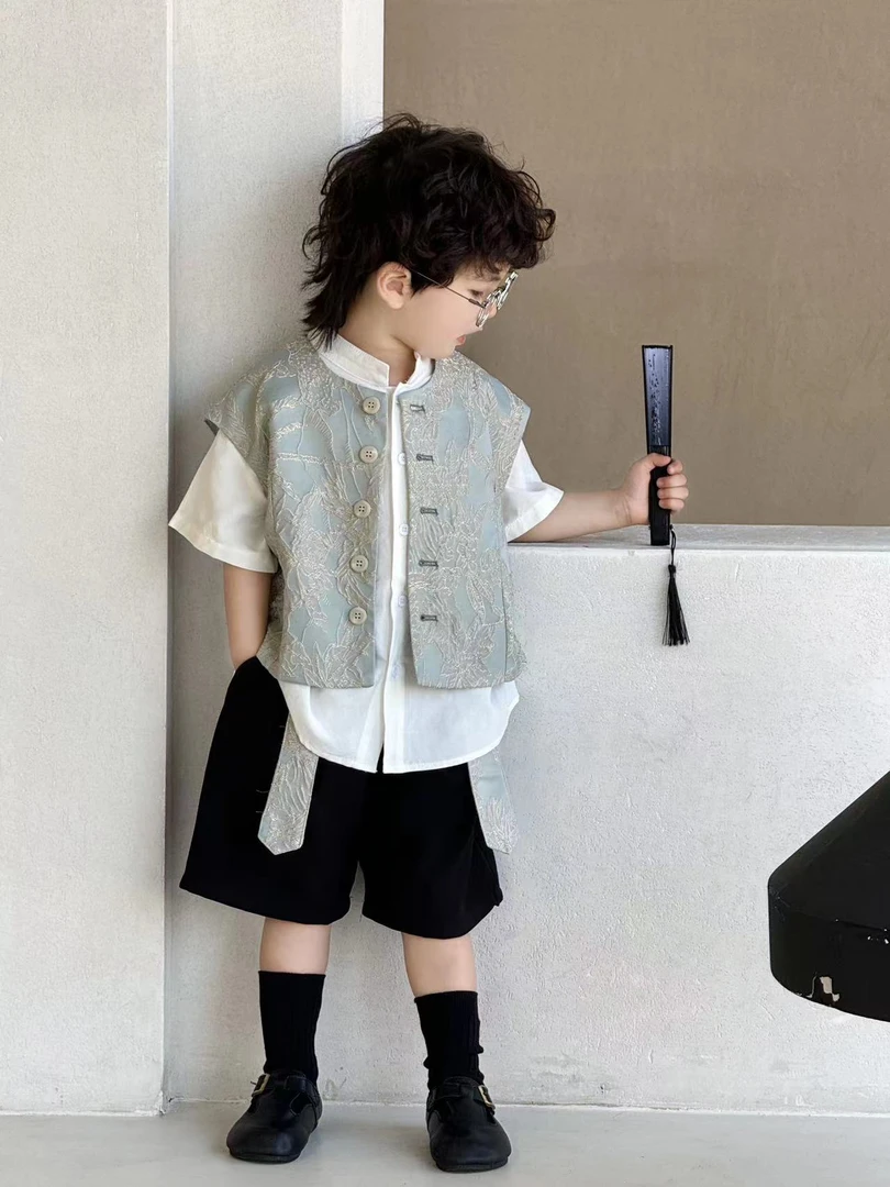 【联盟精选】新款夏季中国风复古洋气印花马甲衬衫套装时尚儿童男童