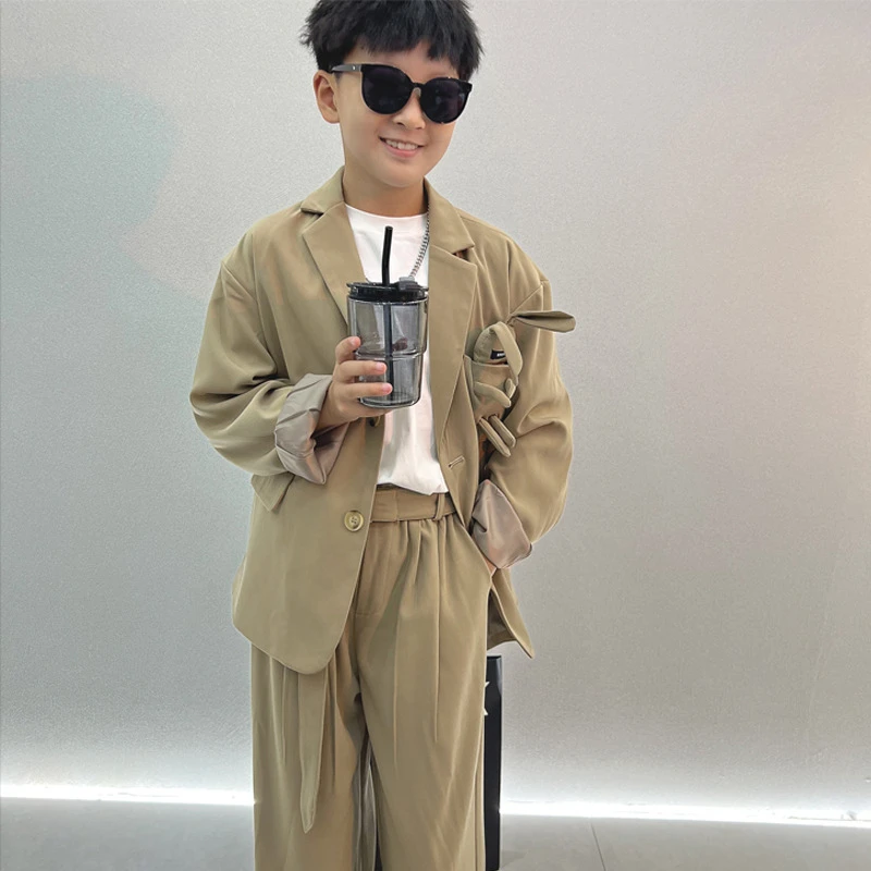 【默默】男童西装套装2025秋季新款童装宽松潮流帅气小西服