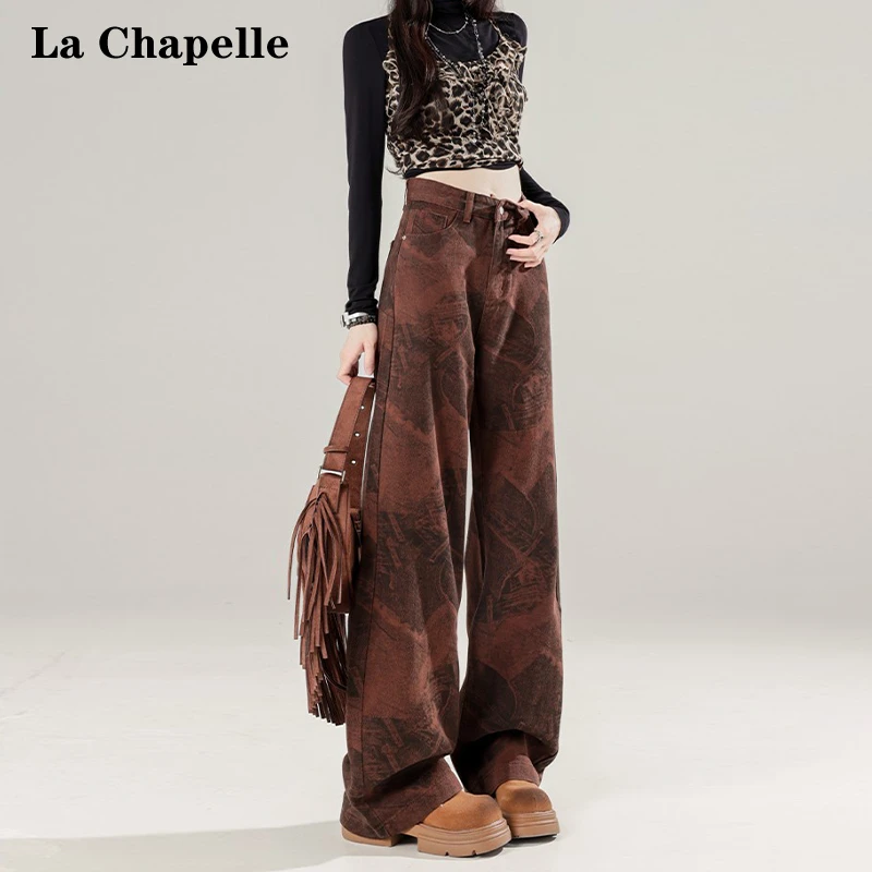 拉夏贝尔熔岩红阔腿牛仔裤女早秋2024新款美式印花直筒宽松拖地裤