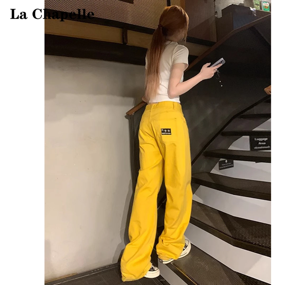拉夏贝尔波板黄高腰阔腿牛仔裤女2024秋季新款随性千禧刺绣直筒裤