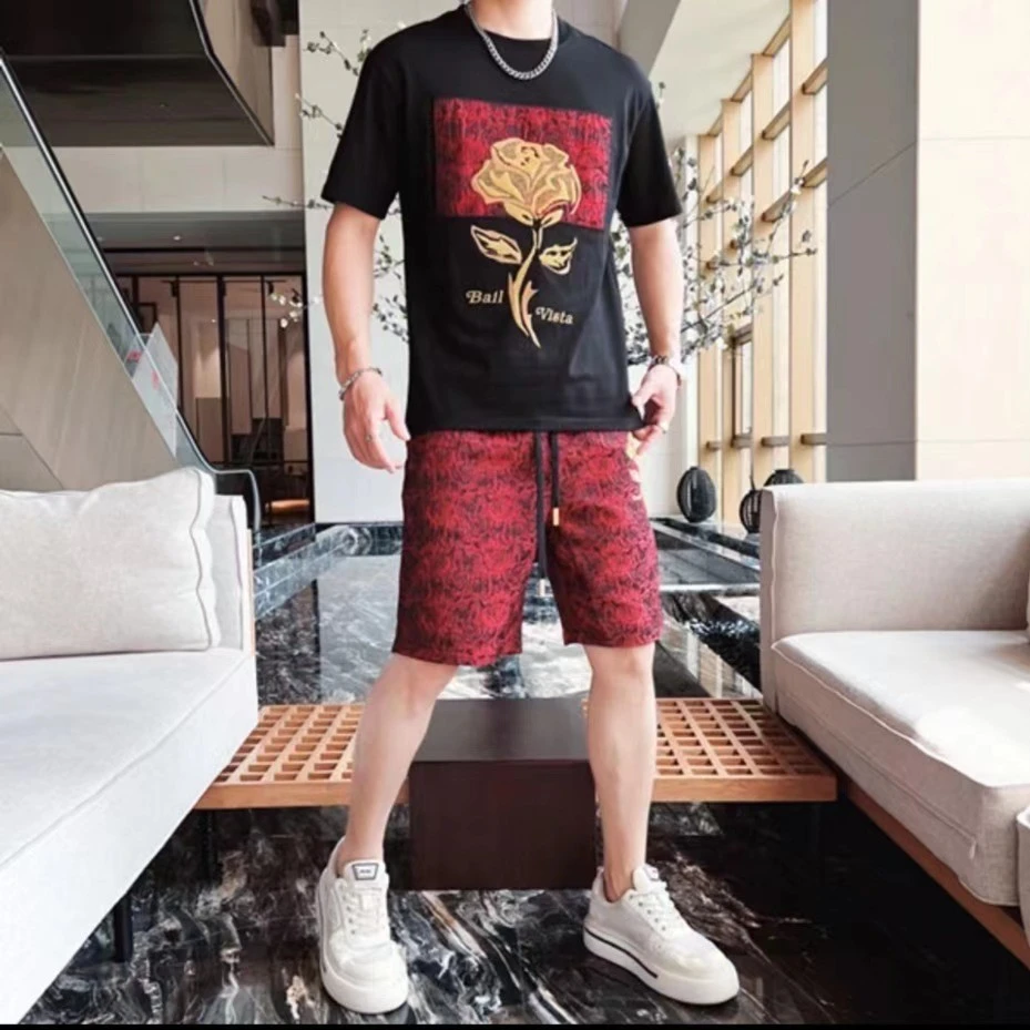 欧货新款2023夏季新款时尚青春百搭玫瑰轻奢男士圆领短袖T恤
