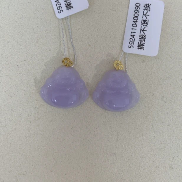 天然缅甸a货翡翠18k金双铜钱扣紫色小佛公（多样性发其一）