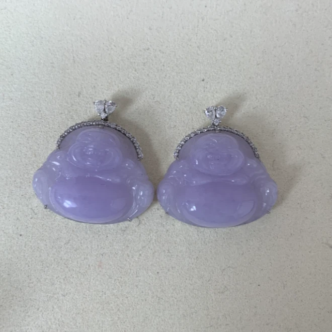 天然缅甸a货翡翠18k白金爱心扣紫佛公（多样性发其一）