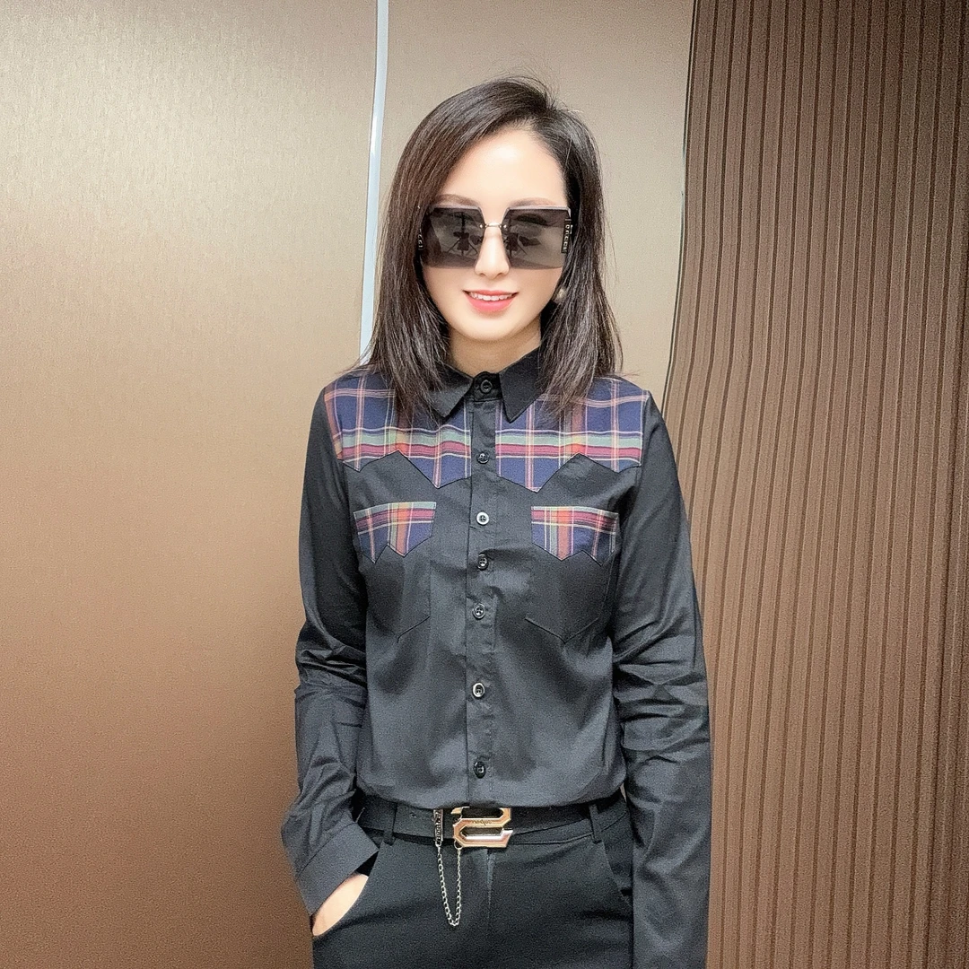 秋冬新款长袖拼接显瘦打底衬衣