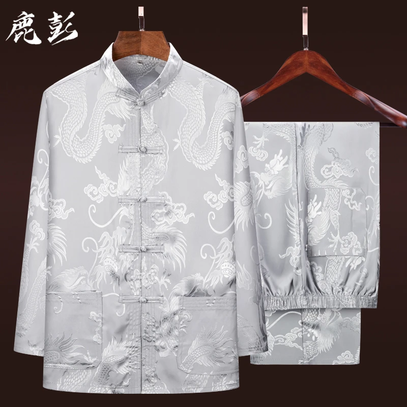 中老年唐装男夏季薄款套装中国风冰丝爸爸装古风汉服过生日爷爷装