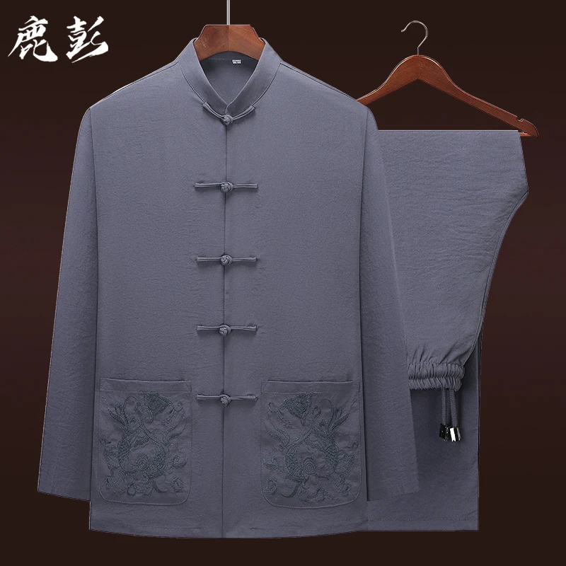 中老年唐装男中国风夏季薄款长袖套装高端棉麻春夏老人衣服爷爷装