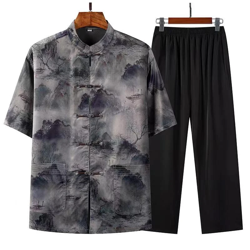唐装男新款提花 山水画中国风夏季男装套装中年宽松短袖爸爸夏装