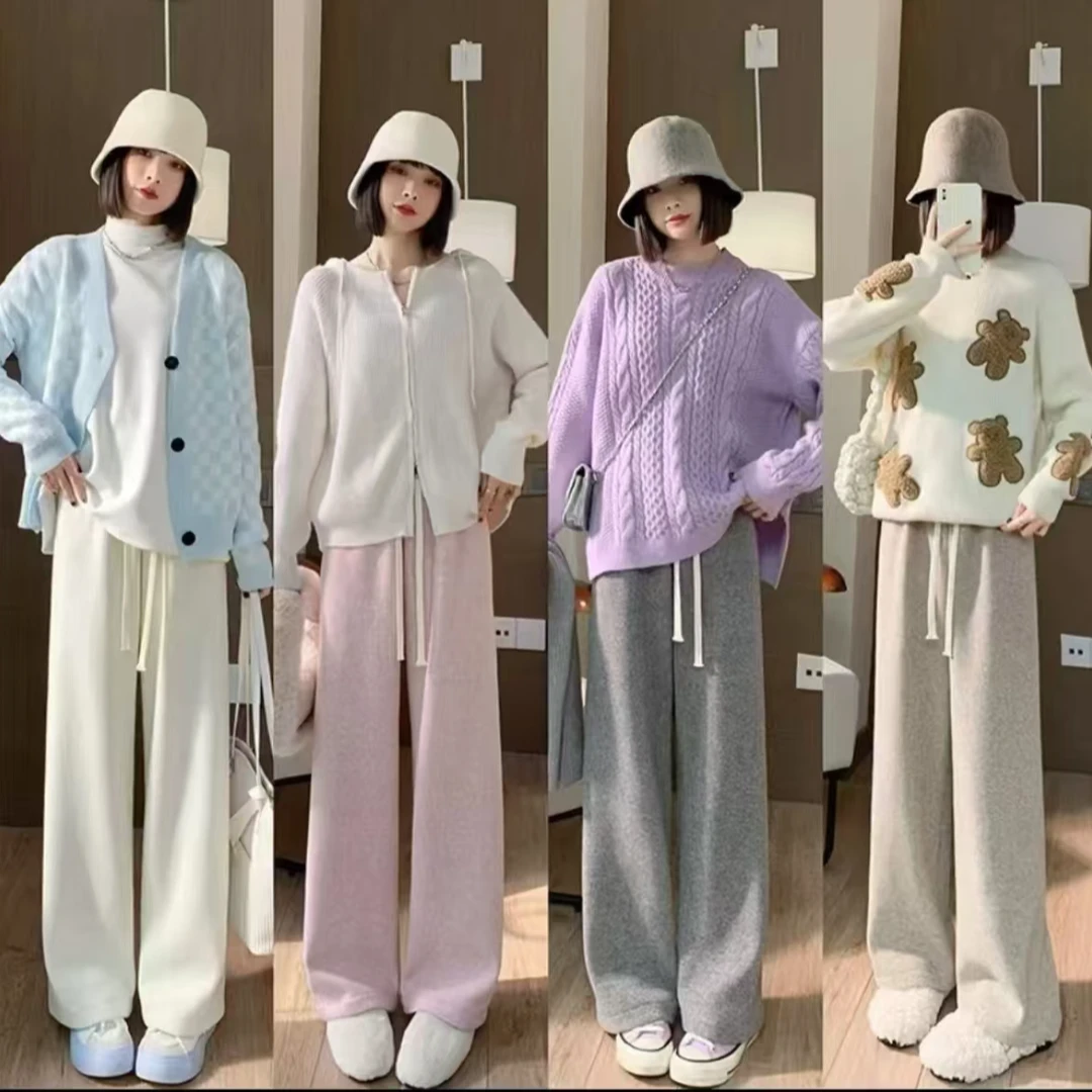 秋冬加绒奶昔毛巾裤粉色阔腿裤女宽松高腰窄版休闲裤加厚时尚百搭