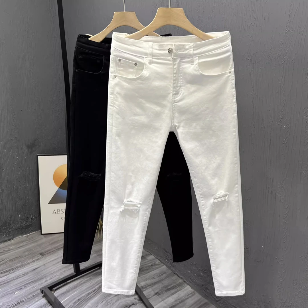 高品质白色裤子男士春夏季棉质弹力小脚破洞牛仔裤修身青年九分裤