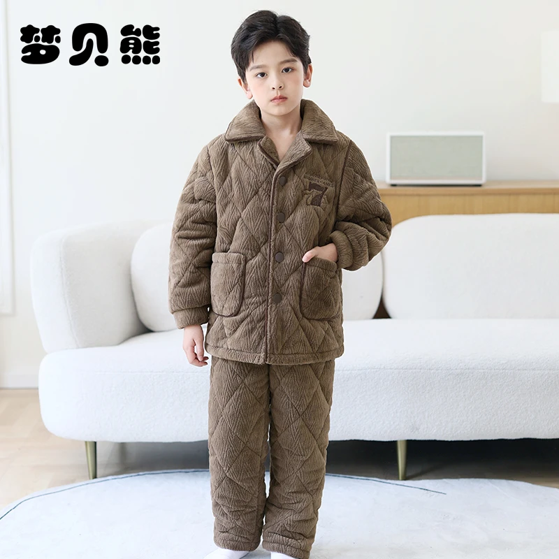 梦贝熊儿童睡衣男孩冬季珊瑚绒夹棉加厚男童法兰绒家居服2025新款