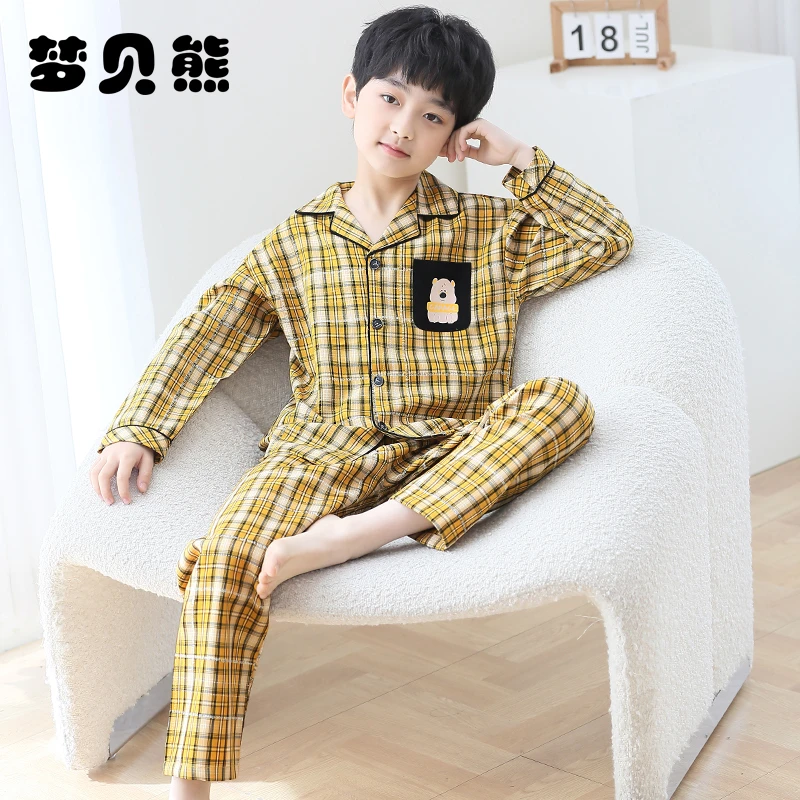 梦贝熊儿童睡衣男孩春秋纯棉长袖韩版格子薄款男童家居服春季新款