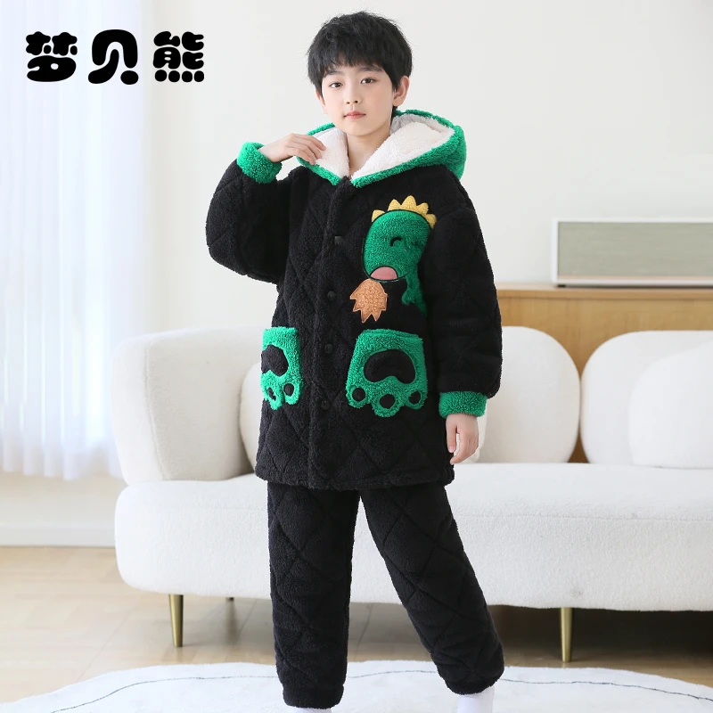 梦贝熊儿童睡衣冬季加厚男孩珊瑚绒法兰绒夹棉卡通男童保暖家居服