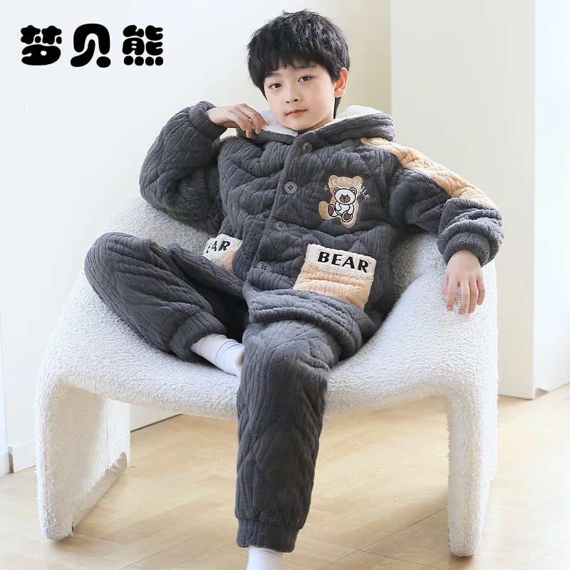 梦贝熊冬季男童睡衣珊瑚绒三层夹棉加厚保暖男孩法兰绒儿童家居服