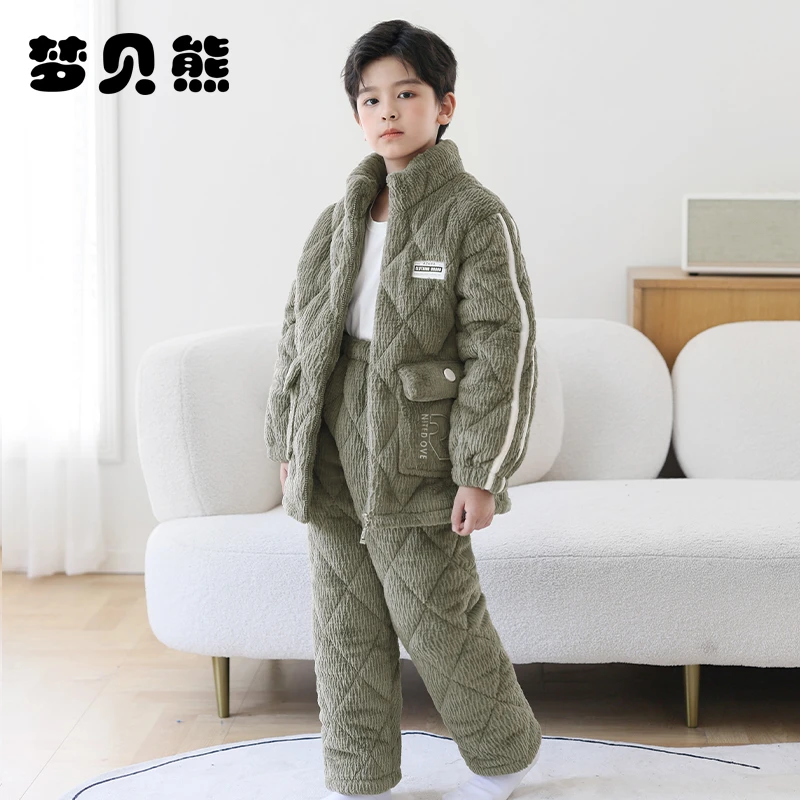 梦贝熊儿童睡衣冬季珊瑚绒三层夹棉加厚男童法兰绒家居服新款