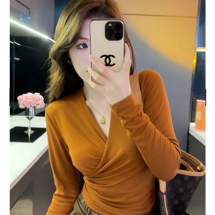 交叉V领长袖T恤女秋季小个子不规则修身显瘦百搭收腰短款洋气上衣