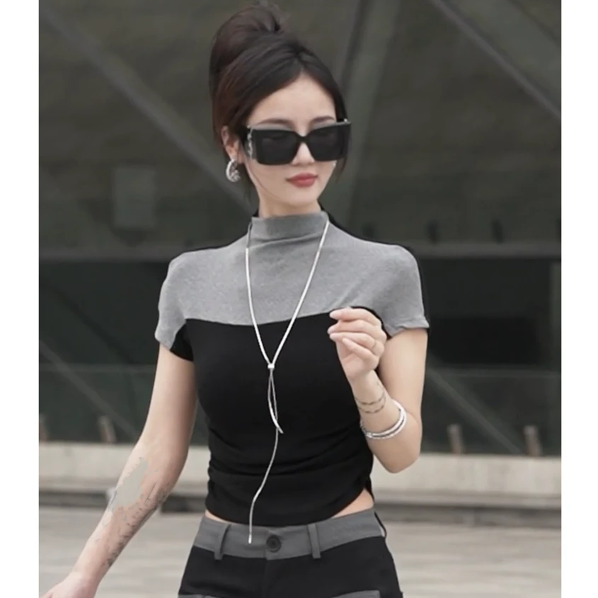 韩版设计感拼接短袖T恤女2024年夏季新款时尚百搭半高领上衣ins