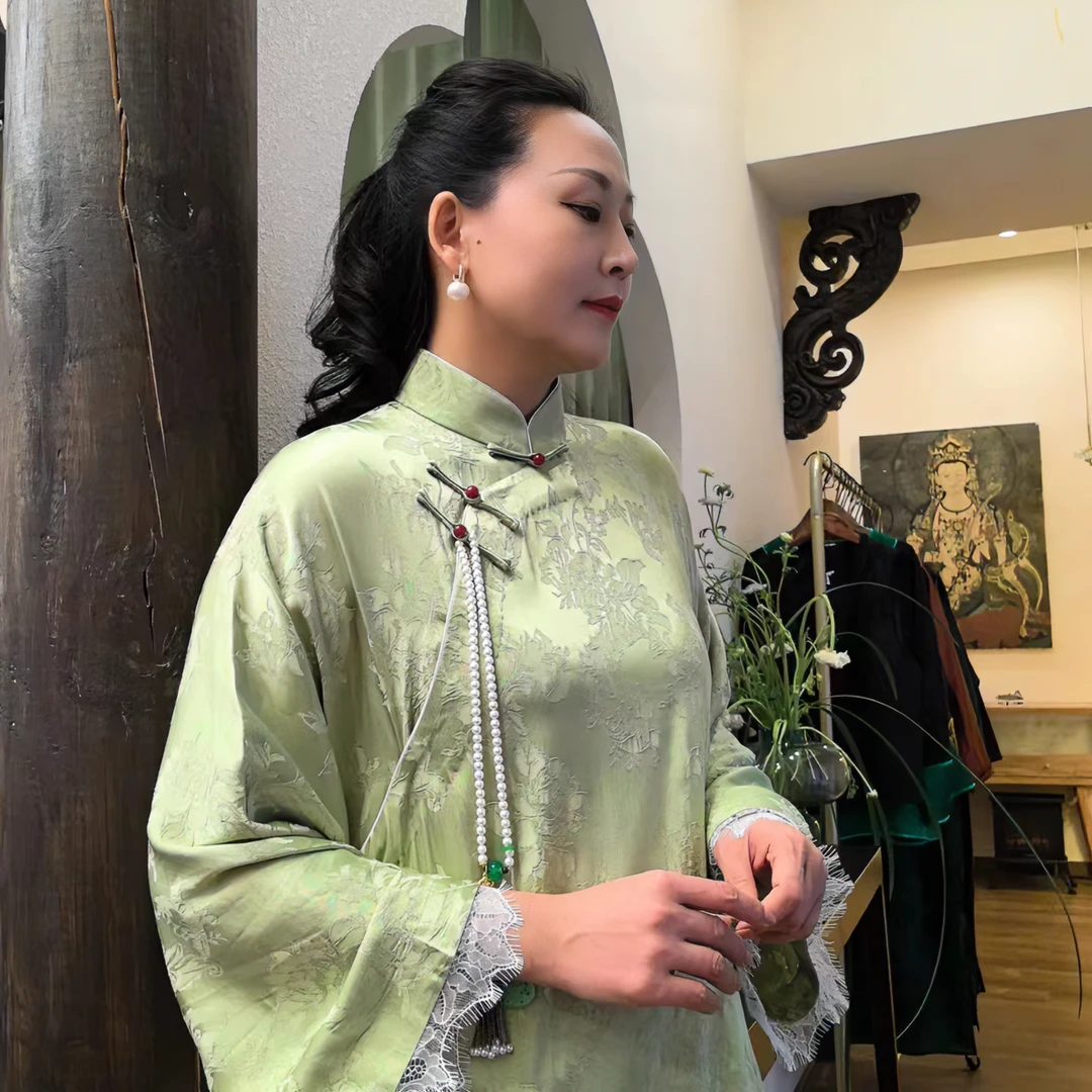 清和自在【伊冉】重工手工旗袍复古国风中式中长款提花