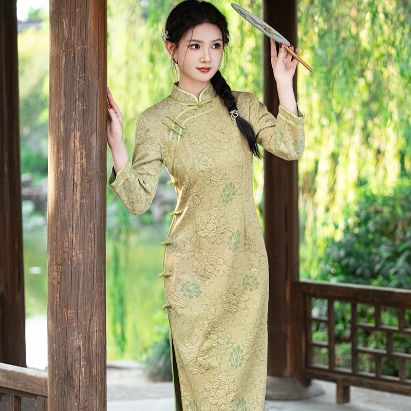 【荣华倾梦】秋季新中式气质素雅年轻温婉黄色提花日常旗袍XY 934