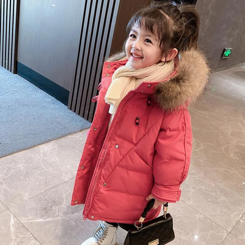 波司澄女童羽绒服2023冬装洋气宝宝中长款棉服毛领儿童加绒加厚外
