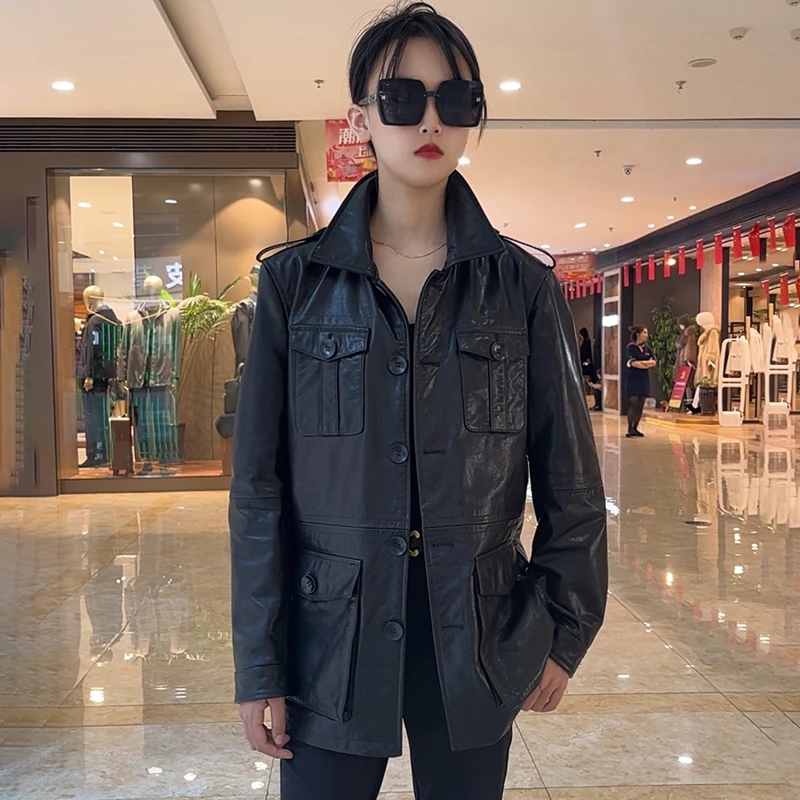 真皮头层小牛皮2024秋季新款油蜡皮衣复古做旧机车皮夹克时尚外套