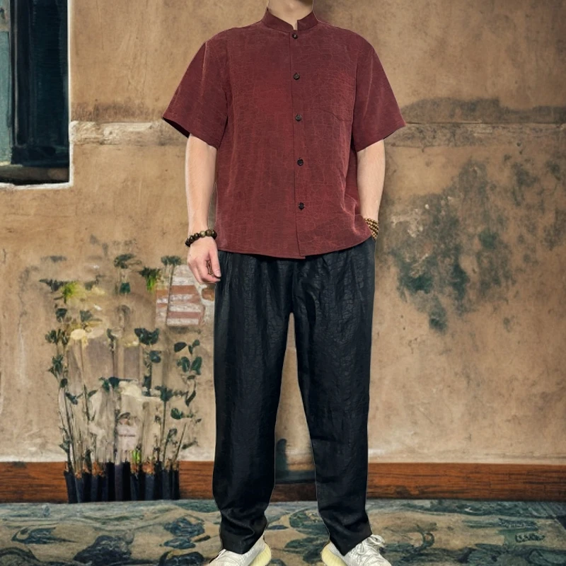 兰亭序套装香云纱红龟100桑蚕丝男士薄款宽松国风夏季立领衬衫