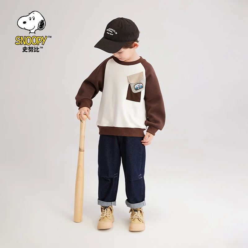 史努比男童圆领加绒卫衣2024秋冬新款宝宝拼接口袋加厚上衣百搭帅